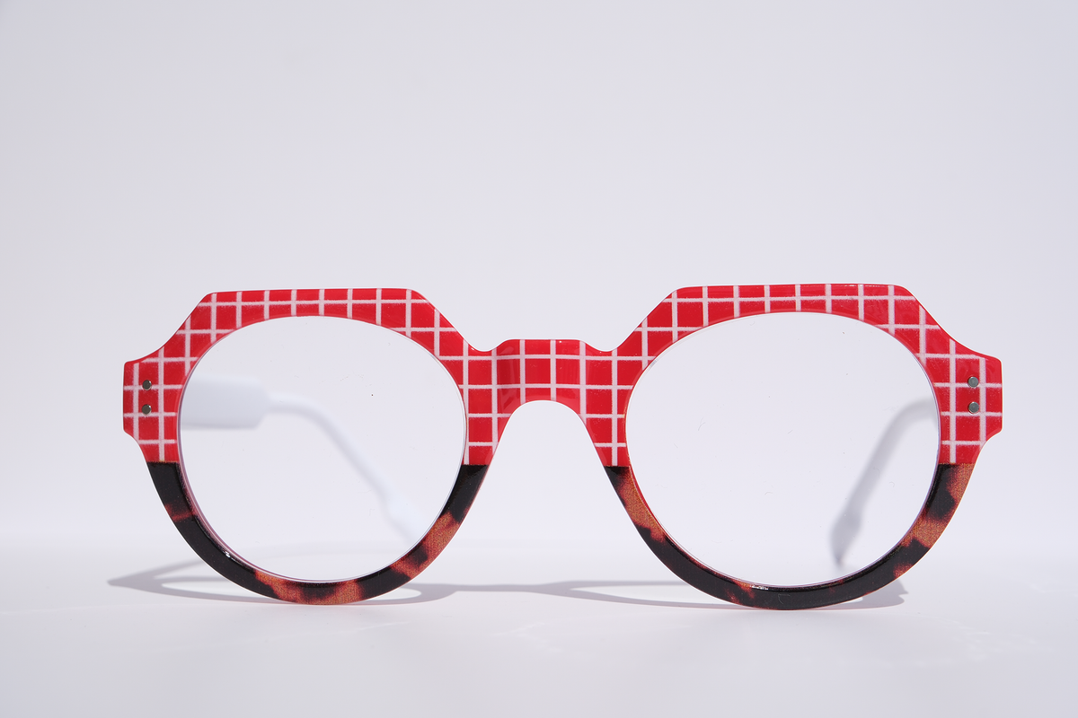 Red with White Grid Pattern and Tortoise Rim