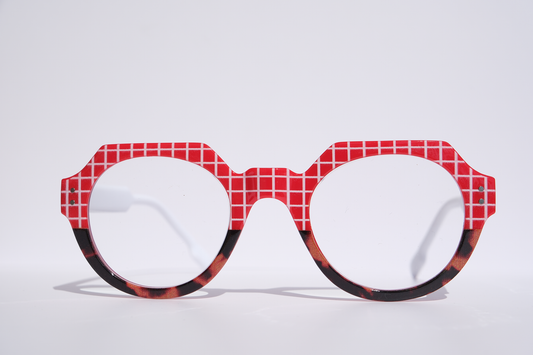Red with White Grid Pattern and Tortoise Rim