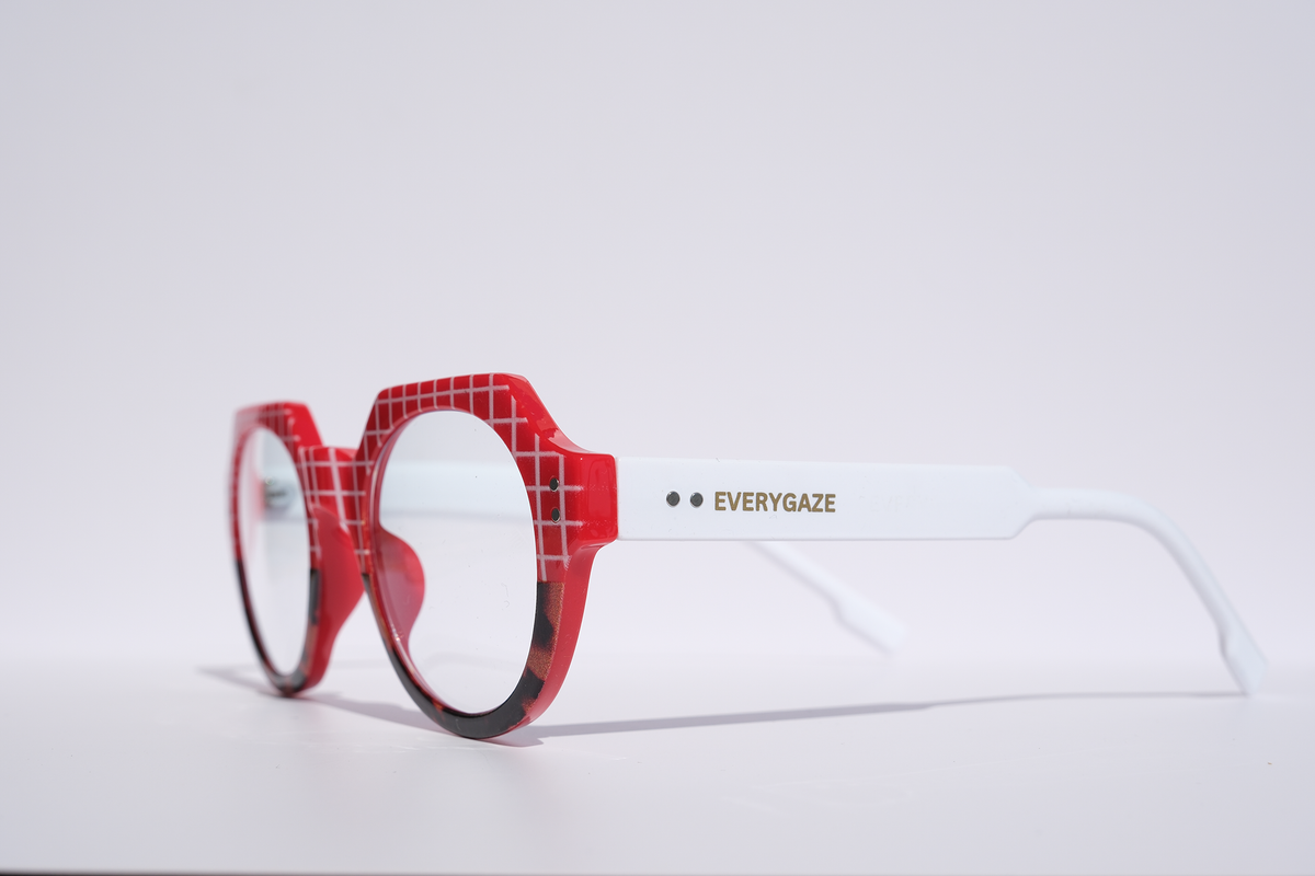 Red with White Grid Pattern and Tortoise Rim