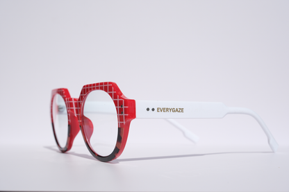 Red with White Grid Pattern and Tortoise Rim