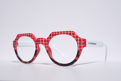Red with White Grid Pattern and Tortoise Rim