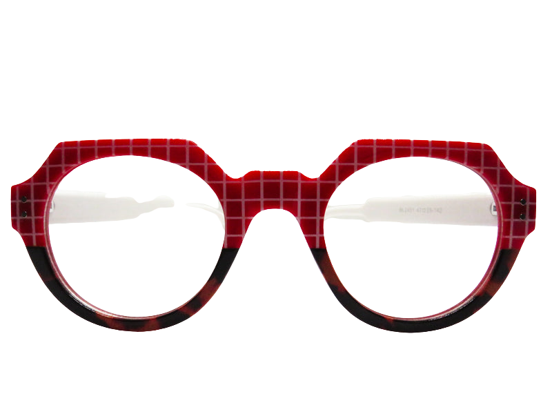 Red with White Grid Pattern and Tortoise Rim