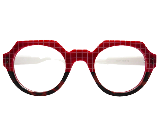 Red with White Grid Pattern and Tortoise Rim