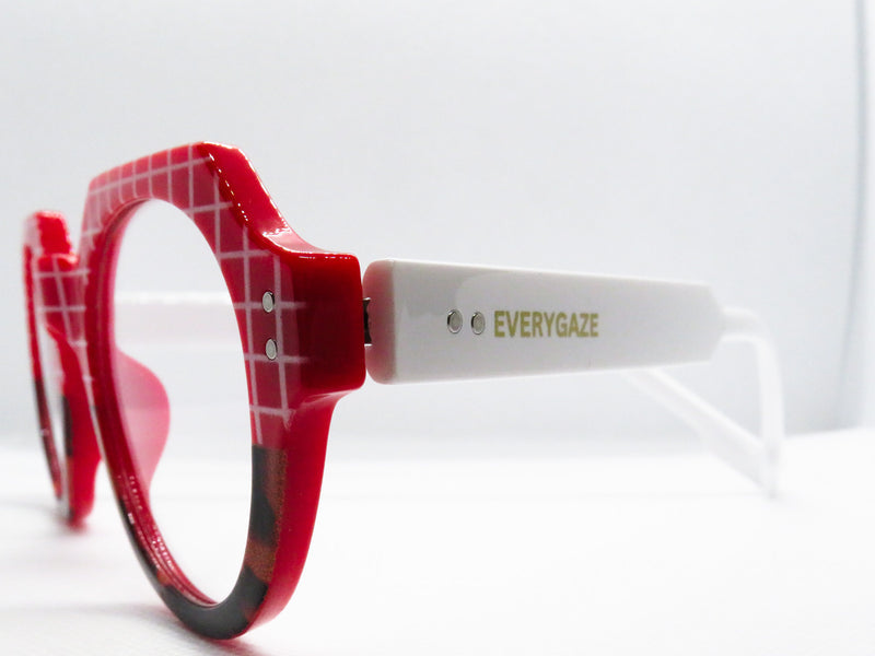 Red with White Grid Pattern and Tortoise Rim